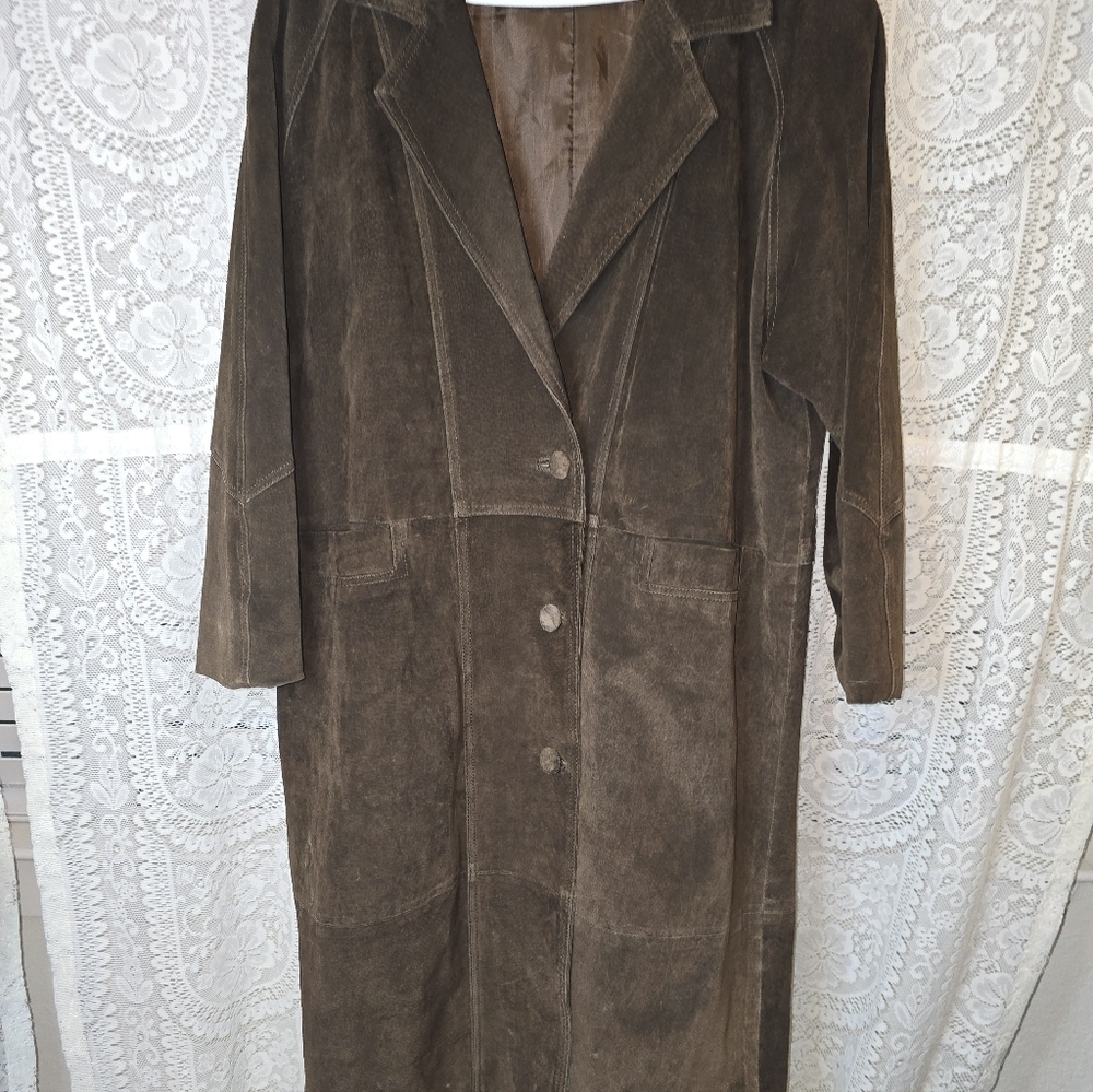 Savannah Brown Leather Trench Coat, Womens Large - Picture 4 of 6